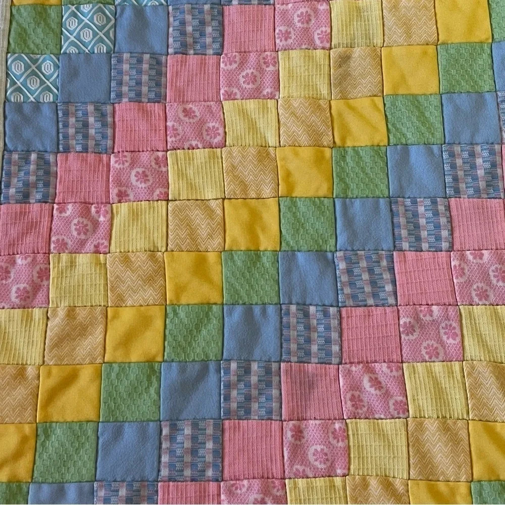 Pastel Baby Quilt Handmade Patchwork Satin Edge Crib Blanket Easter Pink Green